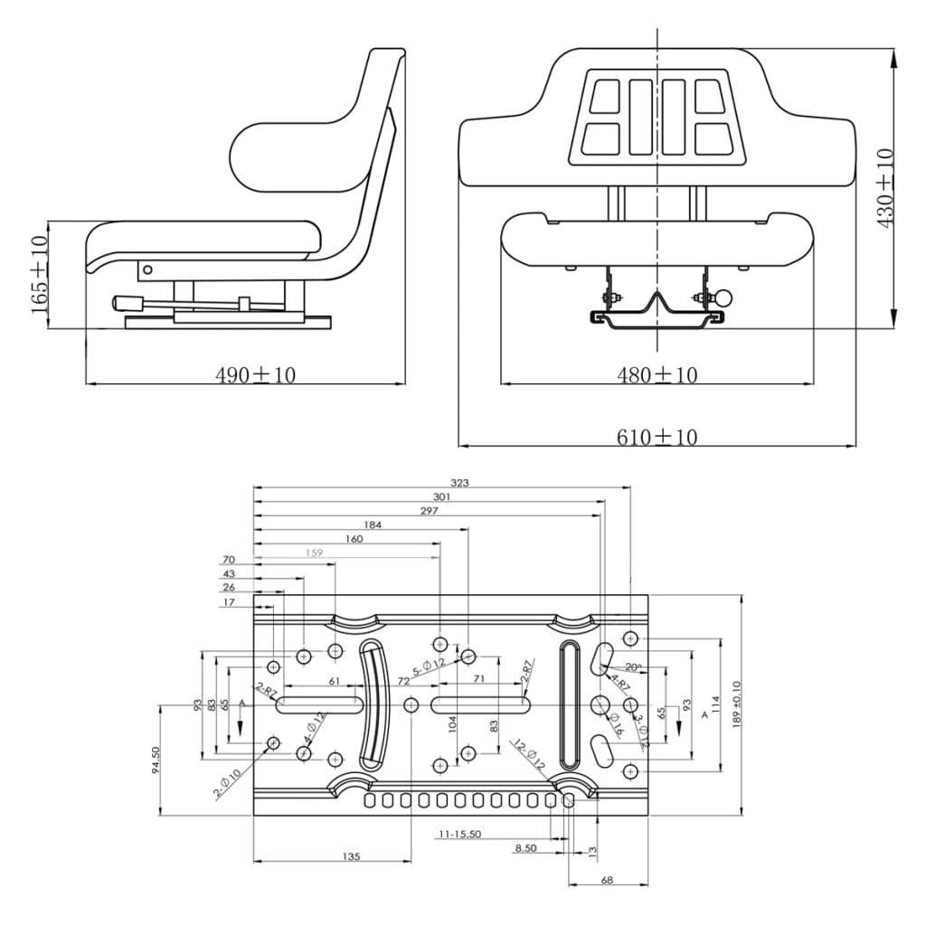 vidaXL Asiento de tractor, asiento para cortacésped con base ajustable, asiento universal para tractor, asiento de carretilla elevadora para excavadora de furgoneta, PVC de acero