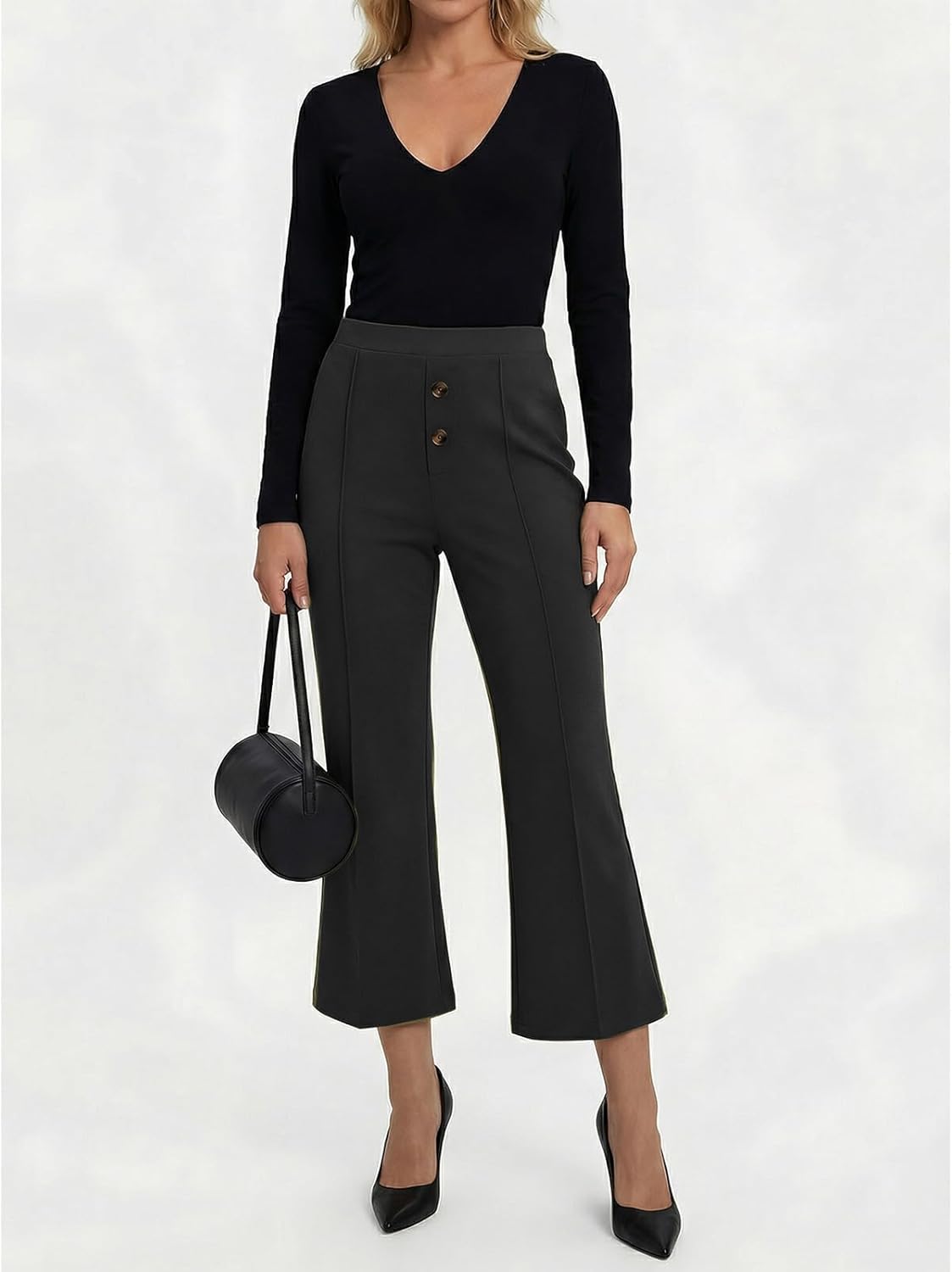EXLURA Women's Stretchy Work Capri Pants Elastic Waist Business Casual Flare Cropped Trousers Cotton Yoga Leggings Pockets