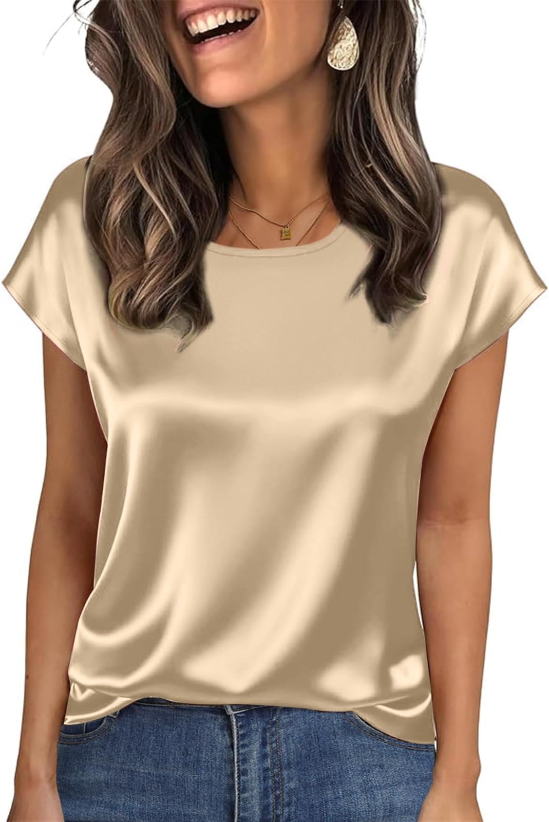 Tops for Women Silk Satin Cap Short Sleeve Blouse Square Neck Shirts Business Casual Outfits