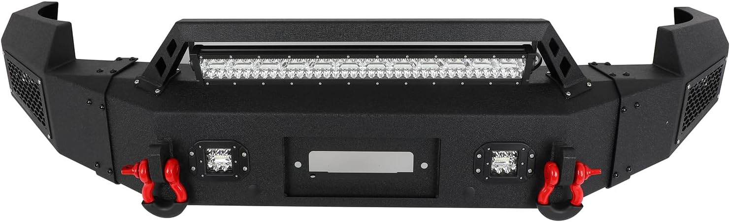 SCITOO Heavy Duty Steel Front Bumper Fit For 2007-2010 For Chevrolet Silverado 2500 HD 3500 HD Texture Black Bumper Winch Plate & With D-Ring LED Lights