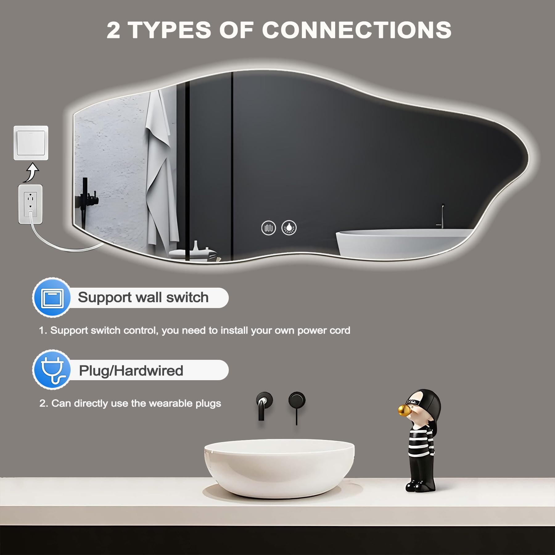 Asymétrique Miroir Salle de Bain avec Eclairage, 120×60cm LED Miroir Lumineux Mural avec lumière réglable 3 Couleurs, Dimmable, Anti-buée, Mémoire, Grand Miroirs Connecté Decoration, IP54