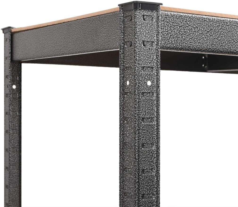 Nahaufnahme view of the textured gray galvanized steel frame of the shelving unit, showing the boltless connection points.