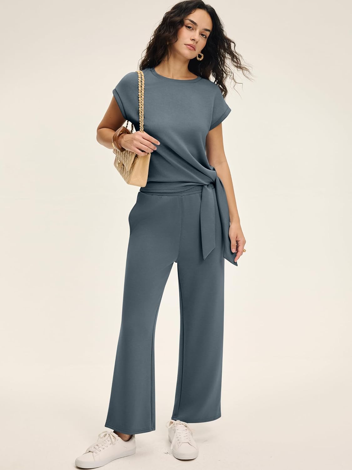 ANRABESS Women 2 Piece Outfits 2026 Summer Lounge Sets Cap Sleeve Tie Waisted Top Wide Leg Pant Airport Vacation Travel Sets - Image 3