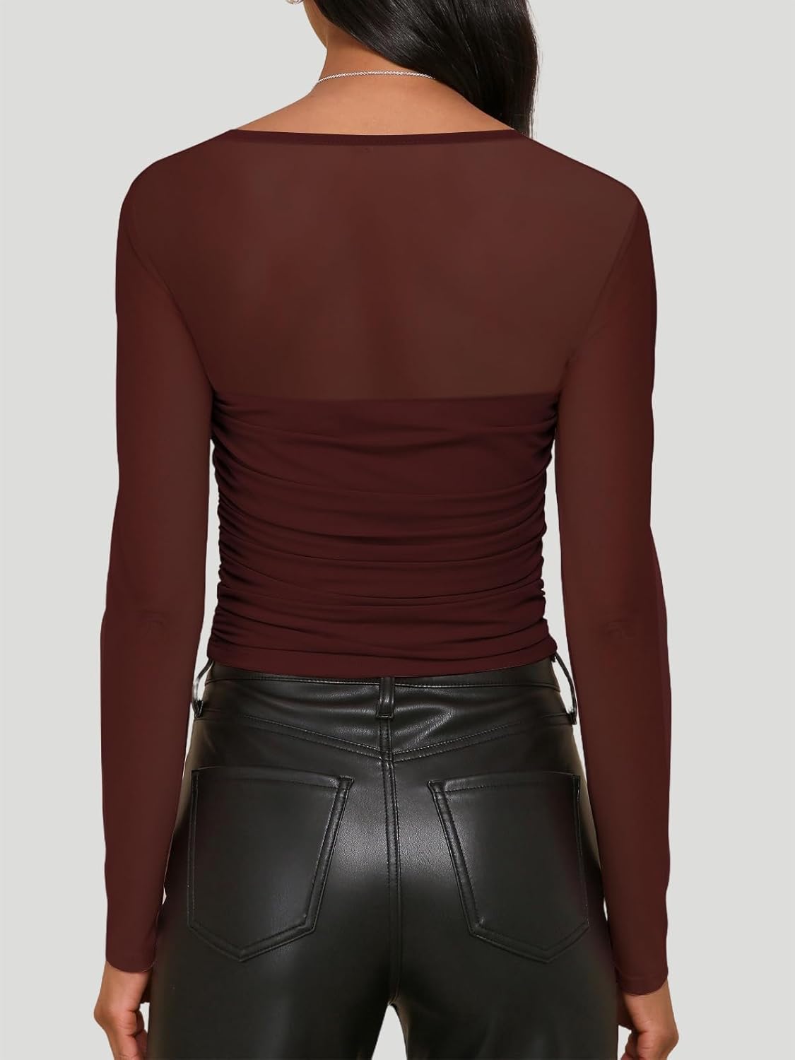 WISFRUIT Women's Sexy Square Neck Long Sleeve Tops Sheer Mesh Ruched Fitted T-Shirts Going Out Tees - Image 3