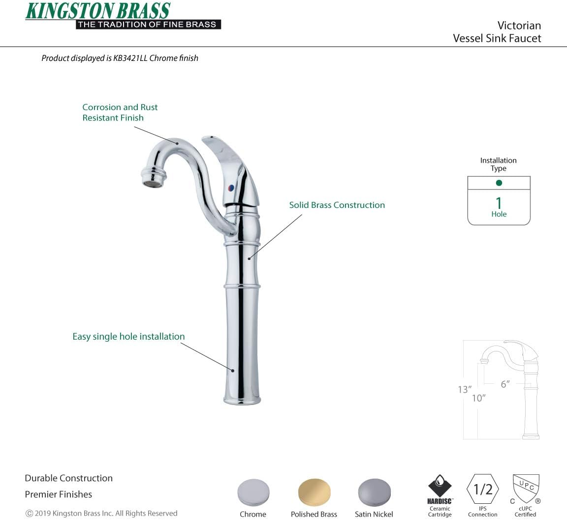 Kingston Brass KB3421LL Victorian Vessel Sink Faucet with Ll Handleand 4-inch Plate, Chrome