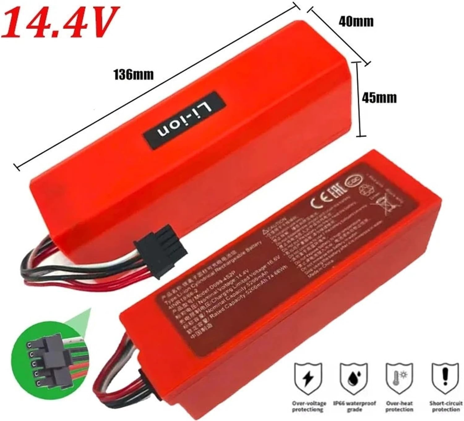 14.4V 4200mAh/5200mAh Replacement Battery D099-4S2P，Compatible For Xiaomi，Robot Vacuum Mop 2 Pro Vacuum Mop 2 MJSTS1 C101 MJSTP Lithium Battery(5200mAh)