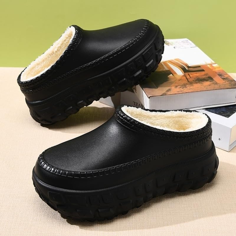 Women's Clogs Work Shoes Fuzz Lined Waterproof Chef Shoes Thick-Soled Casual Style, Warm Work Shoes for Nursing, Food Service, Garden