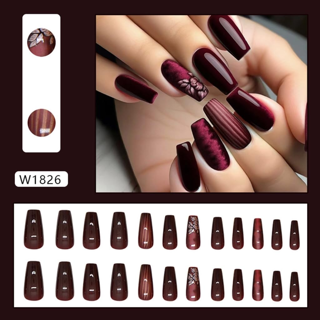 24Pcs with Floral and Stripes Designs Full Covers Artificial Nails Stick on Nails for Women and