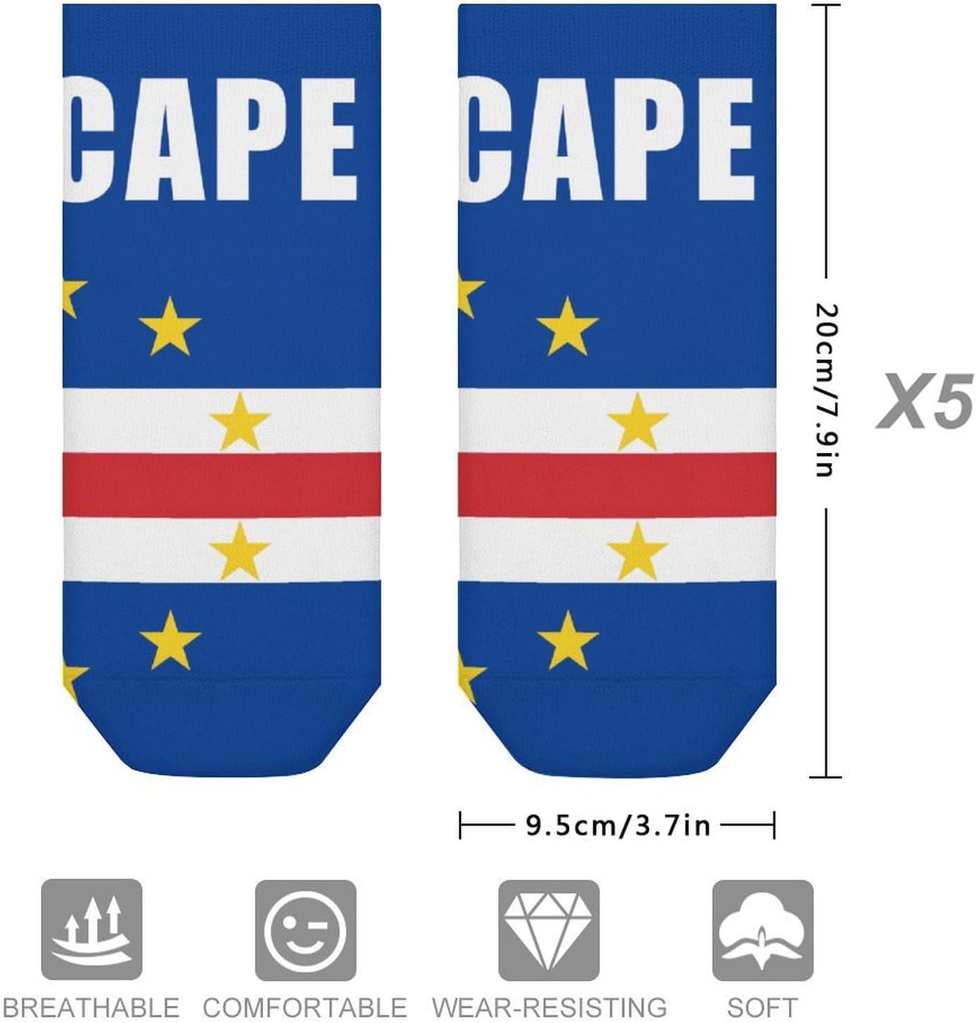 Cape Verde Flag No Show Ankle Socks Low Cut Non Slip Flat Boat Line 5 Pairs Set