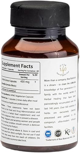 Miniatura 4 de bixa BOTANICAL Boswellia Serrata Extracto puro de alta calidad 65% ácido boswélico | Suplemento herbario natural ayurvédico | (450 mg, 60 cápsulas