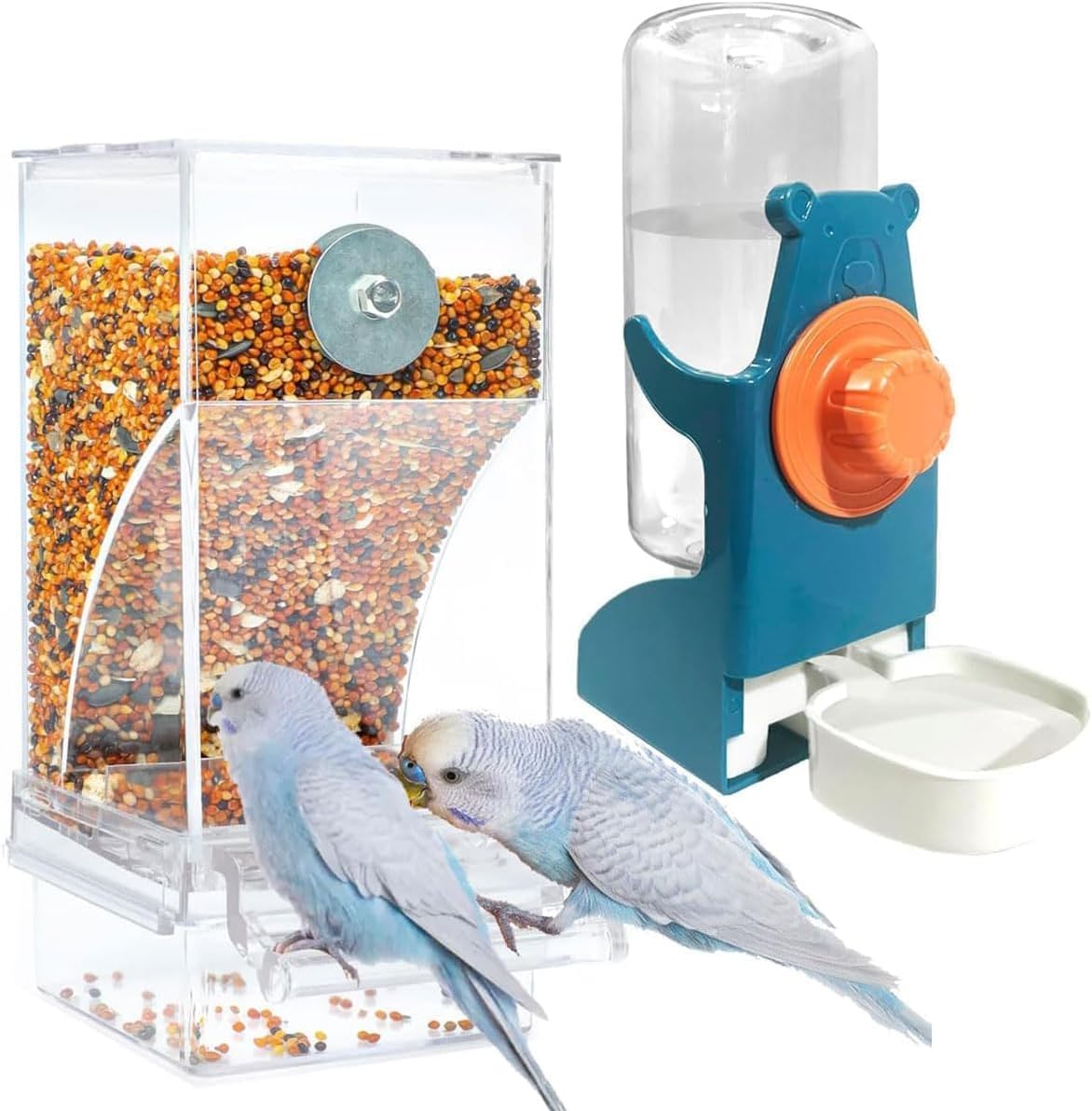 Bird Feeder Water Dispenser Set, Automatic Parrot Feeder Cage Accessories, Clear Parakeet Seed Container Food Drinker for Cage, Cockatiel Finch Lovebirds Budgies Canary (Blue)