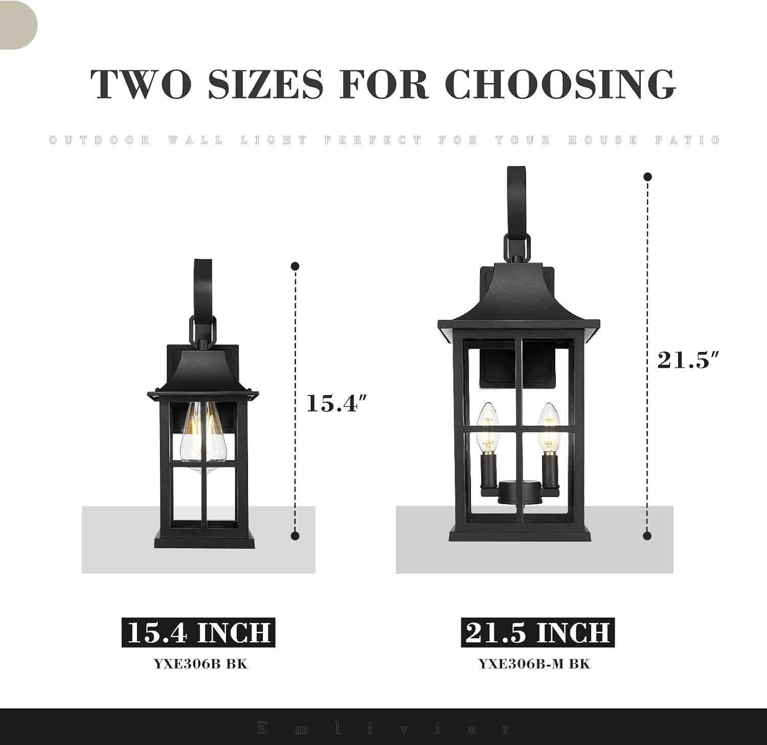 Emliviar 15.4" Wall Sconces Set of Two, Outside Wall Light Fixtures with Clear Glass, Matte Black Coach Lamps for Front Door, YXE306B-2PK BK