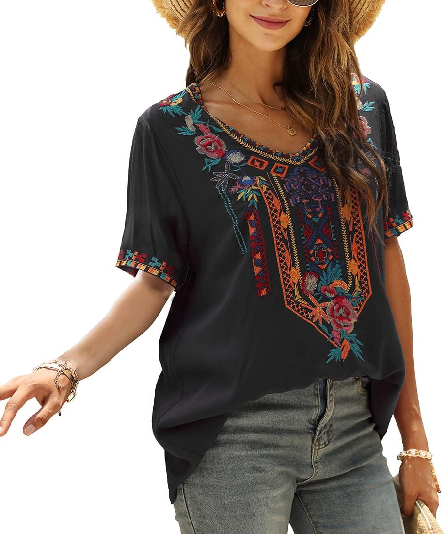 LauraKlein Women’s Mexican Embroidered Tops for Women Boho Blouse for Women Summer Short Sleeve Floral Hippie Shirts Tunics - Image 4