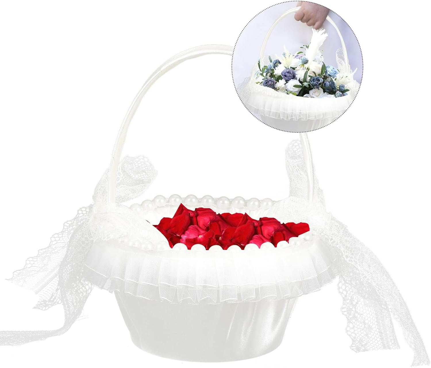 Alipis Wedding Flower Girl Basket with Lace and Satin Flowers, Pearl Handle Handheld Petal Basket for Wedding Ceremony and Party Favors