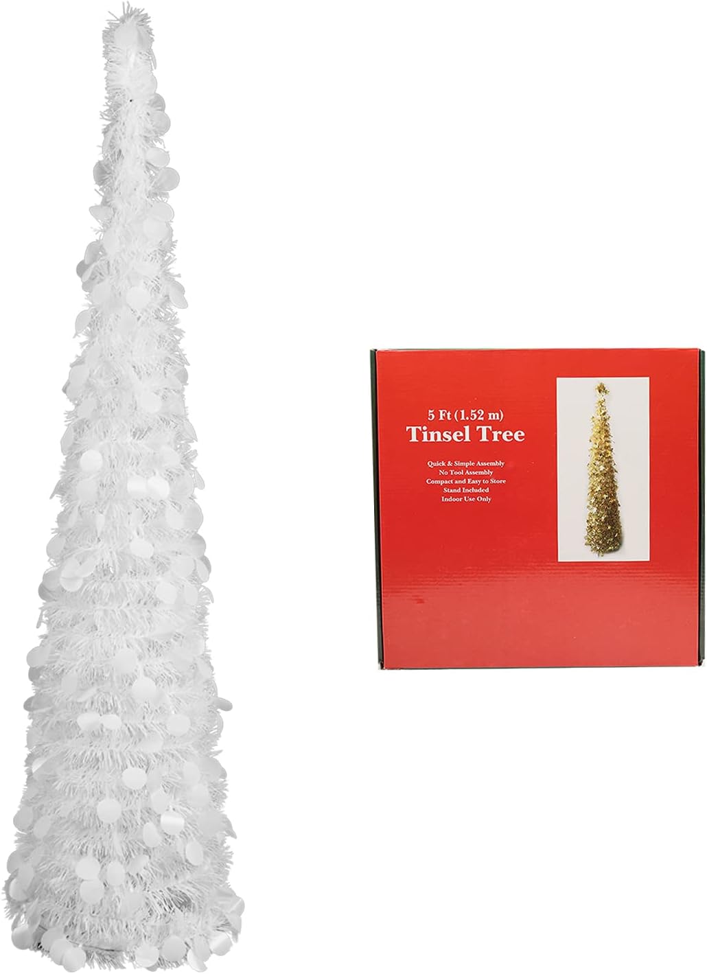 5ft Collapsible Artificial Christmas Tree, Pop Up White Tinsel Coastal Christmas Tree for Holiday Carnival Party Home Office Fireplace Decorations