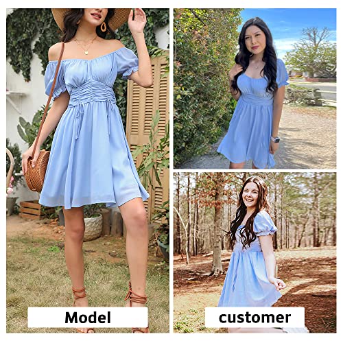 Exlura Womens Summer Dress Short Smocked Ruffle Sundress Off Shoulder Ruched Flowy Smocked Swing Mini Dresses Blue #TOP2