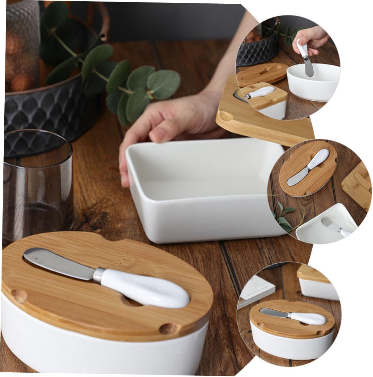 Butter Knife Ceramic Disc Set Bamboo Lid Butter Box Storage Box for Home Tableware
