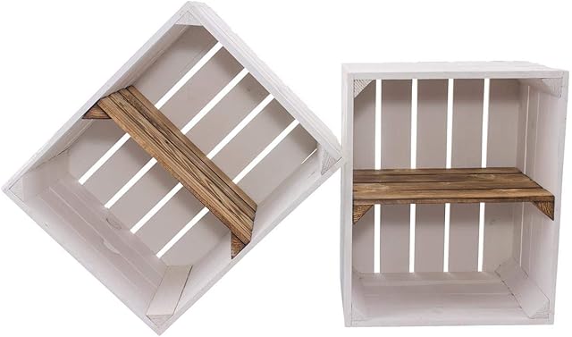 Kontorei® White Fruit Box with Shelf / Intermediate Board in Flamed Landscape 50 cm x 40 cm x 30 cm Set of 2 Shoe Rack Wooden Box Wine Crates Shelf Wall Shelf Box