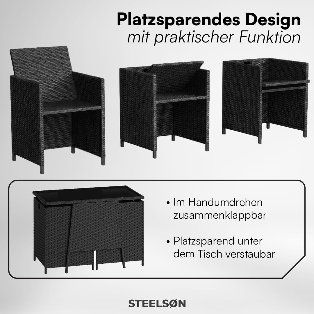 STEELSØN Xenara Essgruppe 3-teilig Schwarz/Anthrazit – Balkonmöbel Set platzsparend – Outdoor Rattan Sitzgruppe – klappbare Stühle mit Sitzkissen – Tisch mit Glasplatte – Gartengarnitur für 2 Personen