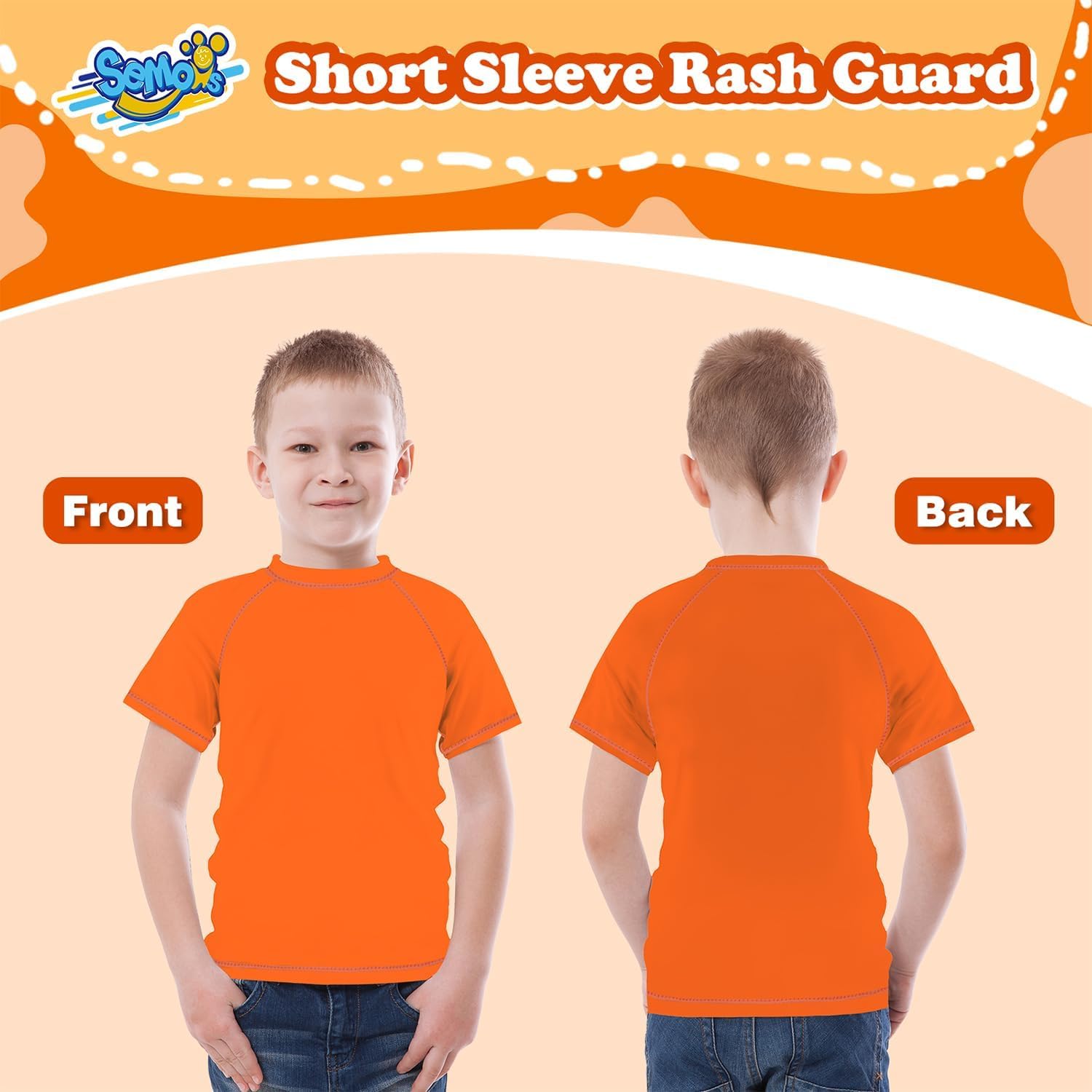 Short Sleeve Boys Rash Guard, Green Orange Red UPF 50+ Sun Protection Rashguard Slim Fit Size 4T