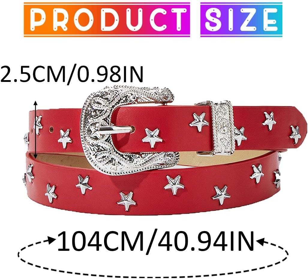 Star Studded Leather Belt Red Western Belt for Jeans Pants Cowgirl Vintage Waist Belts for Women