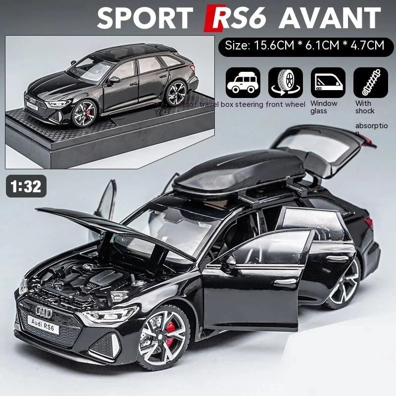 Image of Model Car Exclusive Alloy Metal Pull Back Die-cast Car Metal Pullback Toy car with Openable Doors & Light Music Best Gifts Toys Kids (1:32 Scale Audi RS6 - Black)