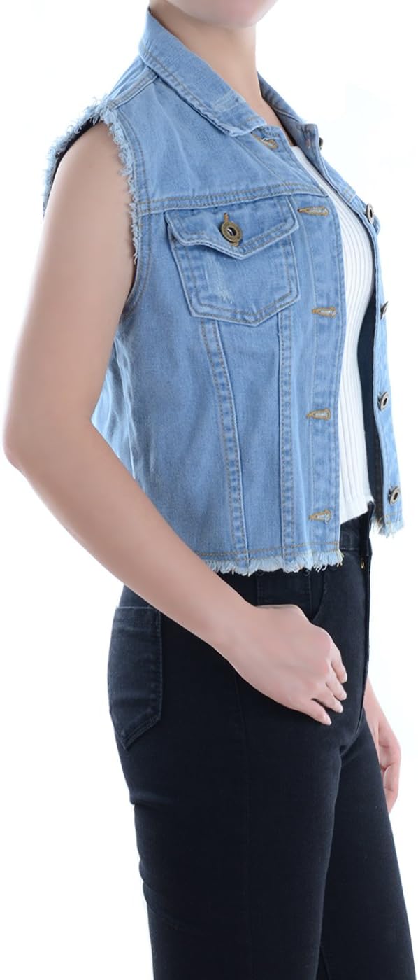 Anna-Kaci Womens Distressed Denim Button Up Sleeveless Crop Vest - Image 2