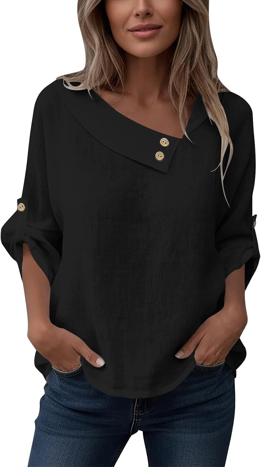 Womens Lace Trim Cotton Linen Top - Casual Round Neck 3/4 Sleeve Blouses, Solid Pullover for Spring and Summer
