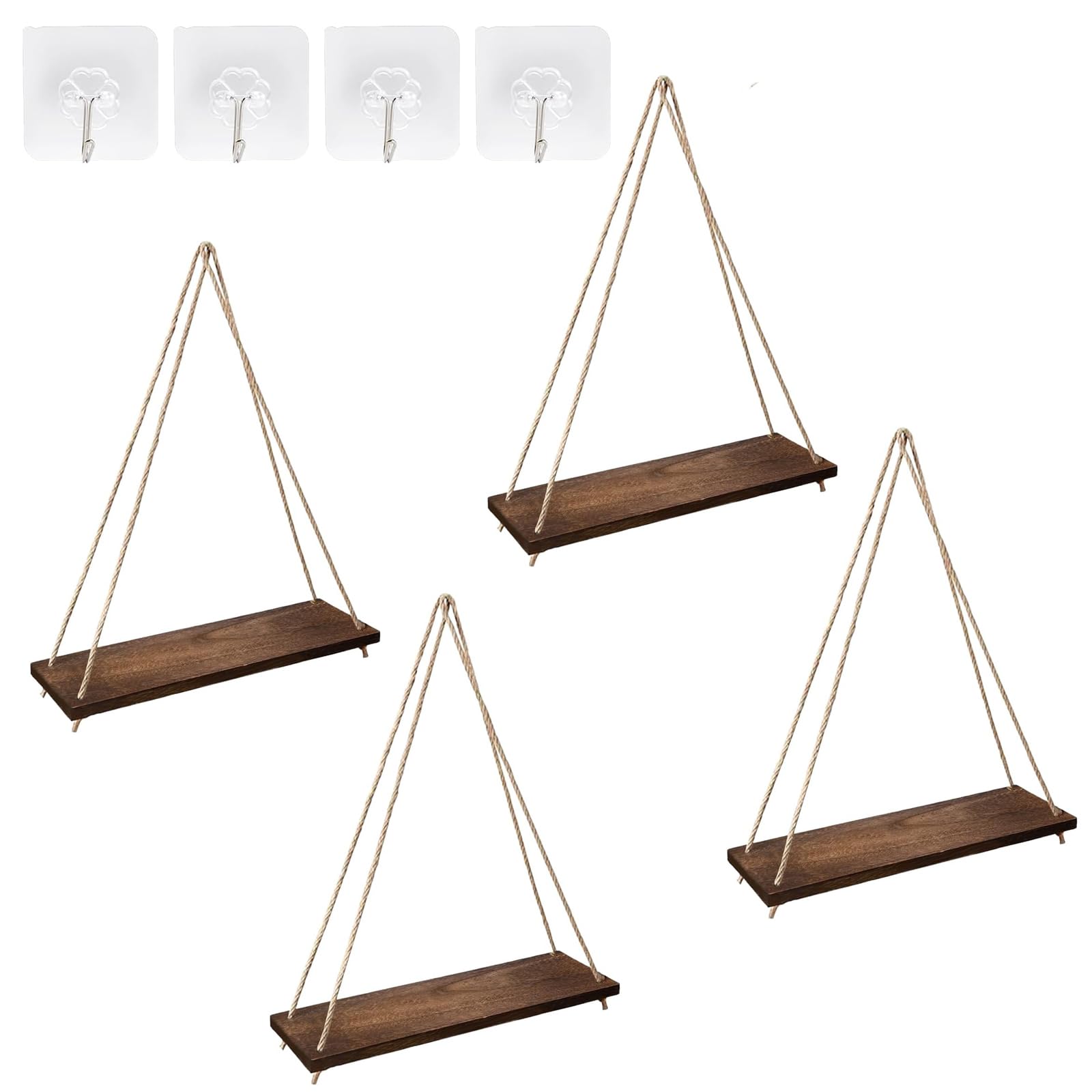 Wood Wall Hanging Shelf Set of 4, Macrame Hanging Shelves, Wall Hanging Shelf for Bedroom Bathroom Living Room Nursery Dorm Room (Dark Brown)