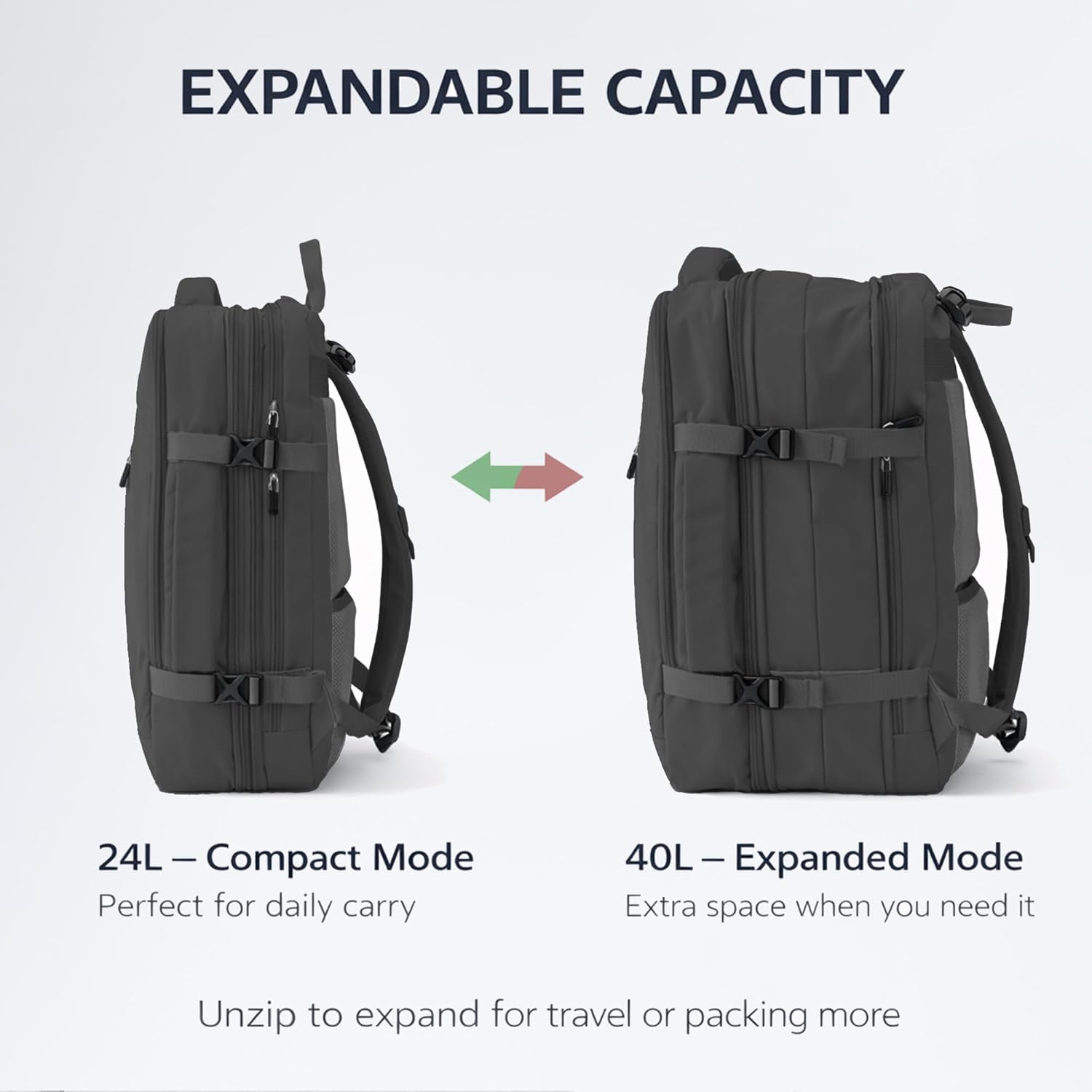 Travel Backpack, Expandable Large Capacity Business Work, Water Repellent Carry On Daypack with USB Charging Port, Fit 17 Inch Laptop, Bag for Men and Women, Black