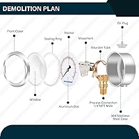 Vista 66 de MEASUREMAN - Manómetro hidráulico relleno de glicerina, totalmente de acero inoxidable, tamaño del dial de 2.5 pulgadas, montaje inferior NPT de 1/4
