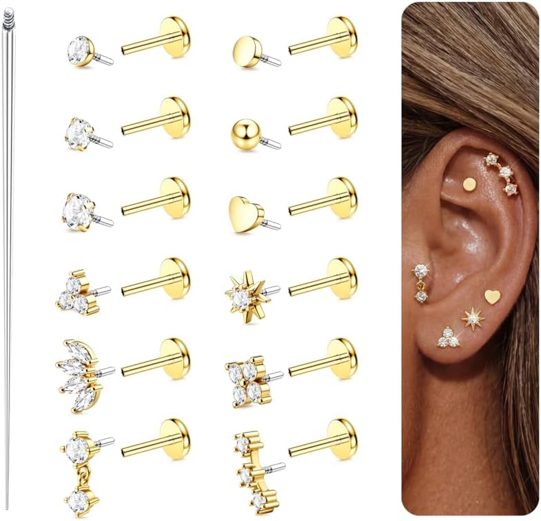 TEN MIRO 16G 18G 20G Flat Back Stud Earrings for Women Hypoallergenic Surgical Steel Nose Studs Internal Thread 14K Gold Plated Lip Rings Nose Piercings Cartilage Tragus Helix Piercing Jewelry