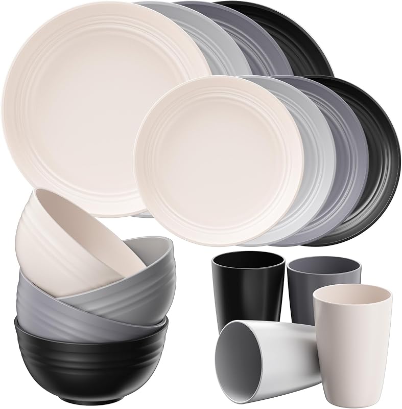16 Pcs Plates and Bowls Sets, Plastic Dinnerware Sets for 4 ，Grey | Unbreakable,Reusable,Dish Set for Camping，Dishwasher Microwave Safe，Outdoor Kitchen and Apartment Dinning RV Essentials