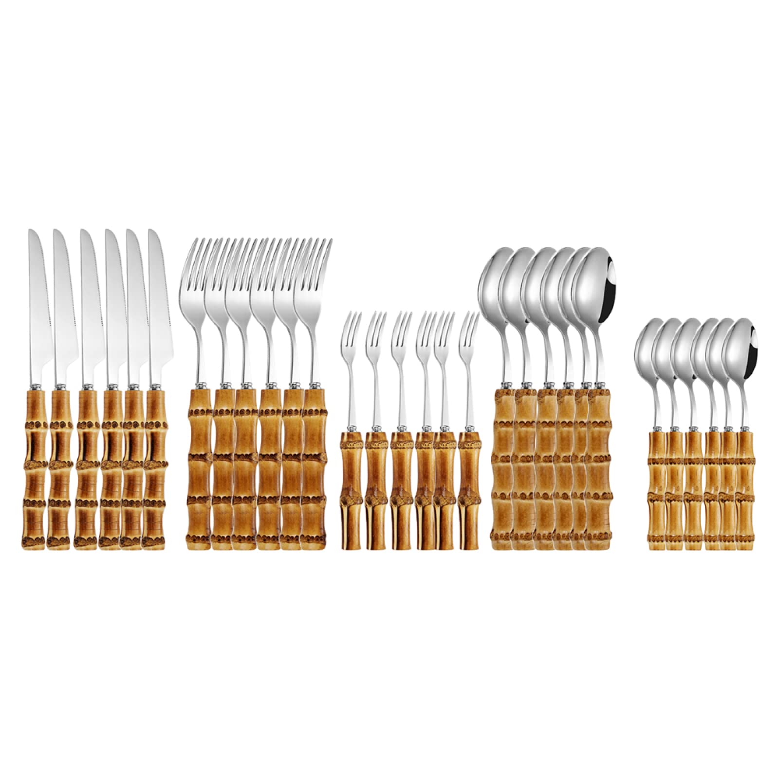 Juegos De Cubertería Juego De Vajilla De Bambú Vajilla Retro Con Mango Natural De Acero Inoxidable Cuchillos Para Carne Tenedor De Mesa Cuchara 30Uds.