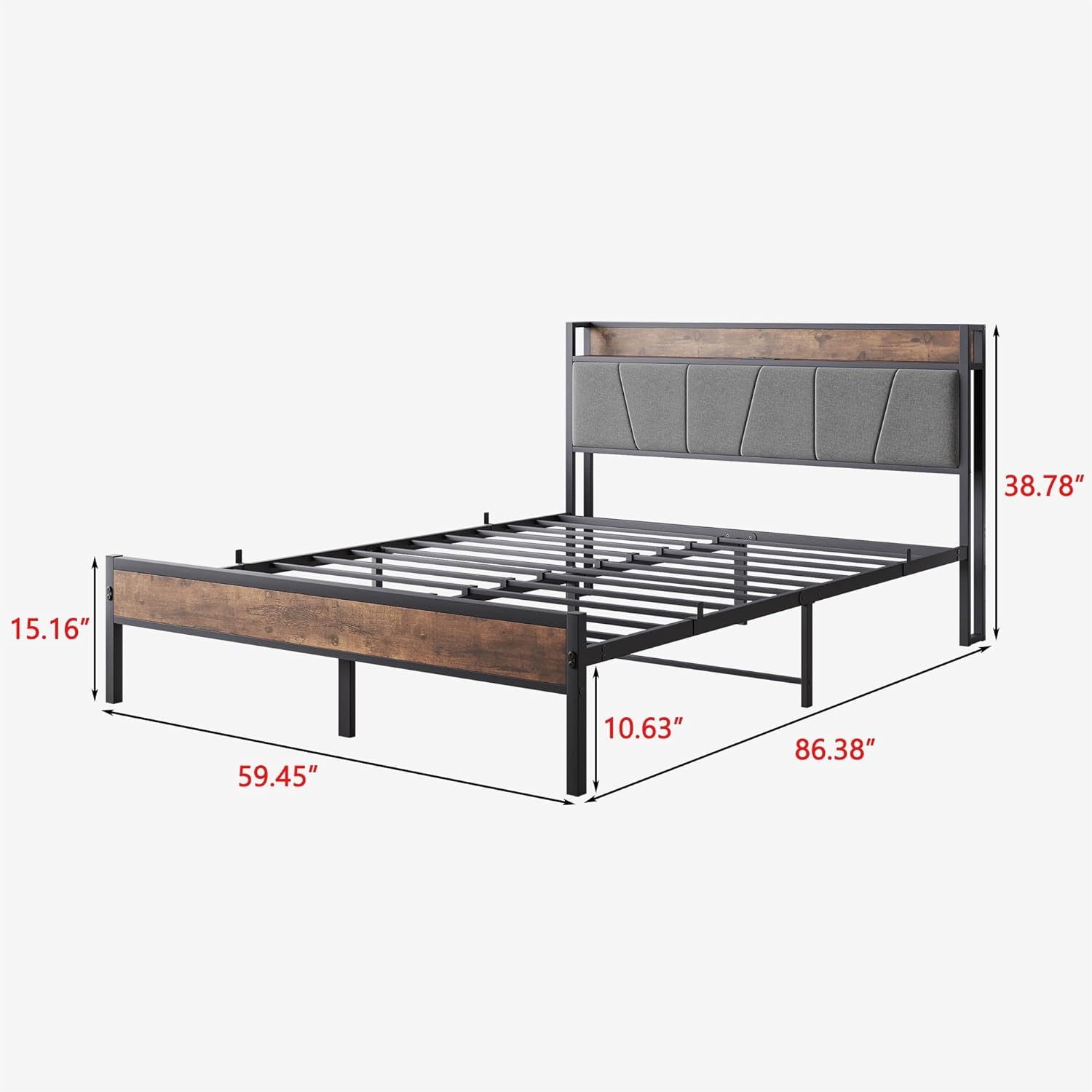 Anwick Metal Queen Bed,Industrial Bed Frame Queen Size with Headboard and 2 USB Port,Heavy Duty Mattress Base with Under-Bed Storage,No Box Spring Needed,Easy Assembly (Queen)