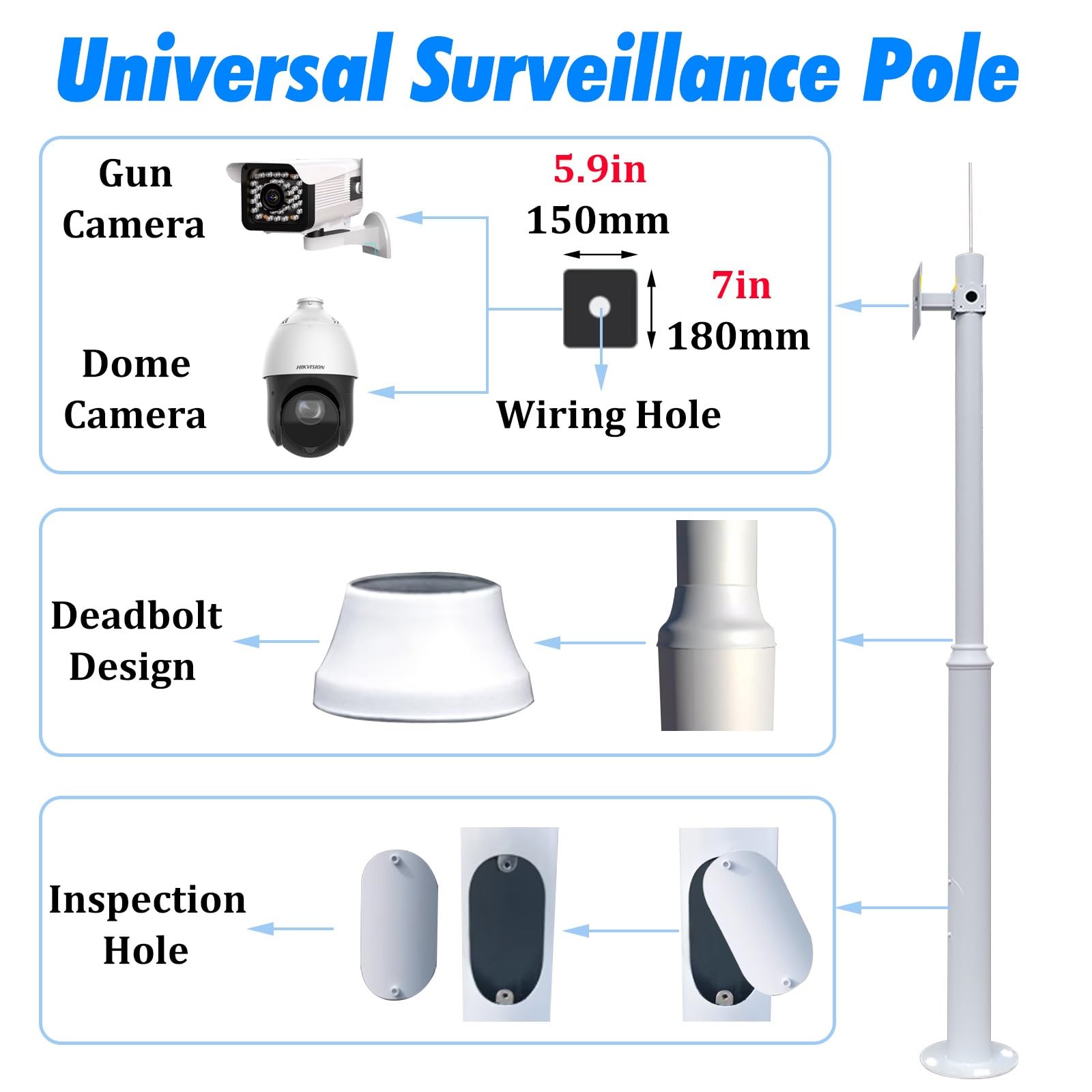Palo e Braccio Telecamera Sicurezza Palo Sorveglianza In Acciaio Braccio Telecamera A Pistola, Supporto Telecamera Sicurezza Alto E Rotondo/Kit Staffa Angolare Montaggio Su Palo(19.7ft/6m)