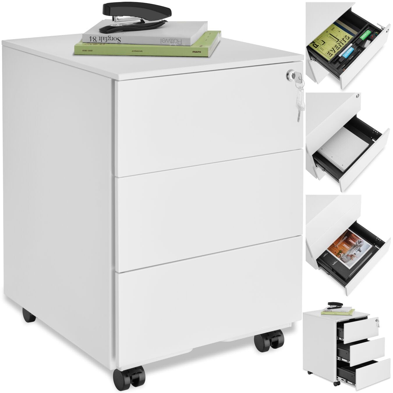 tectake® Armadietto Per Archivio Pratiche con Rotelle, Mobile Porta Documenti 3 Cassetti, 1 Porta Fascicoli, Mobile Salvaspazio, Armadio con Serratura Chiave, Armadio Ufficio Multiuso - Bianco