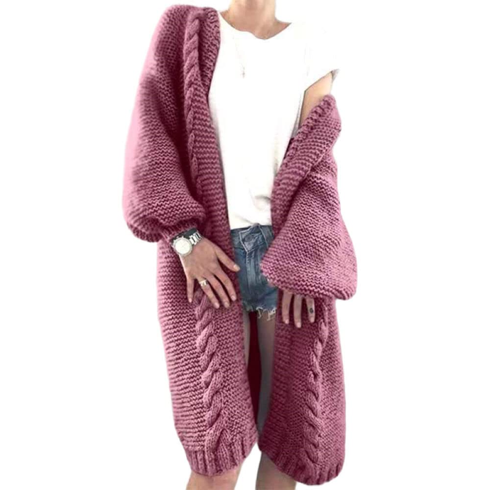 HGJH Damen Strickjacke Langarm,Damen Strickpullover Offen Lang Cardigan Grobstrick Kimono Einfarbig Rot Mode Langarm Cardigan Weich Elegant Herbst Leichte Jacke Für Casual Business