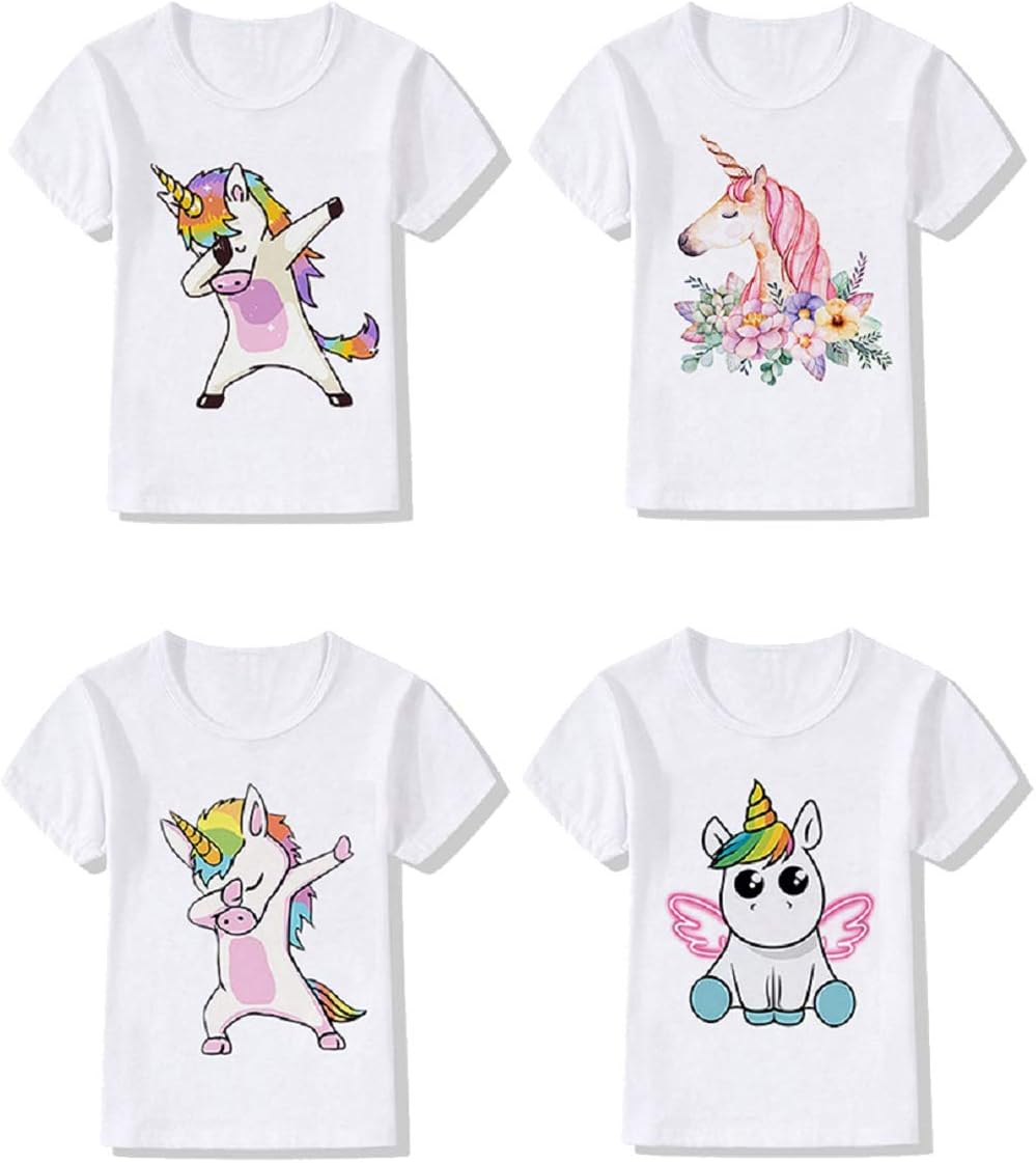 YIKUSO 4-Pack Unicorn Graphic Girl Party Summer Clothes Girls Fitted T Shirt