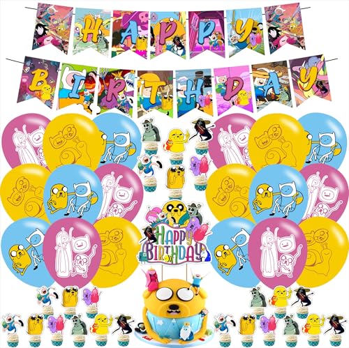 Time Of Adventure Party Decorations Cute Cartoon Time Of Adventure Birthday Party Supplies For Party Supplies Includes Banner - Cake Topper - 24 Cupcake Toppers - 18 Balloons