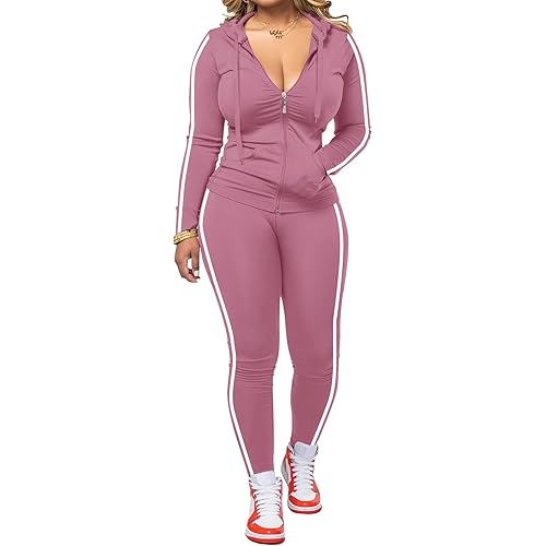 Women 2 Piece Outfits Casual Workout Sets Striped Bodycon Tracksuit Zip Up Long Sleeve Hoodle Jacket Jogger Pant Set