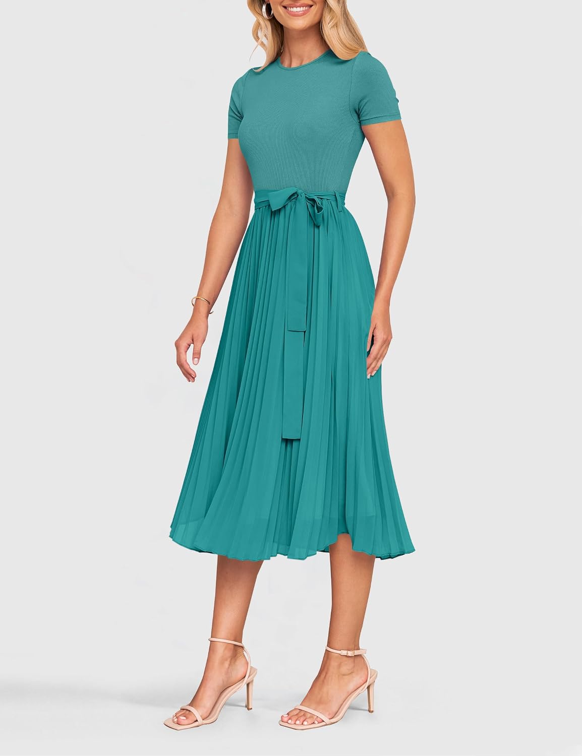 ZESICA Women's 2026 Summer Short Sleeve Midi Dresses Crewneck Knit Belted Pleated A Line Flowy Wedding Guest Long Dress