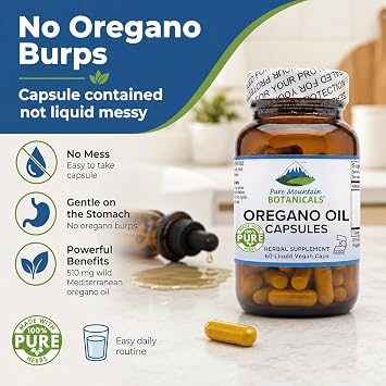 Pure Mountain Botanicals Oregano Oil Capsules - 60 Vegan Caps - 510mg Oil of Oregano - Carvacrol 70% - Kosher Herbal Supplement