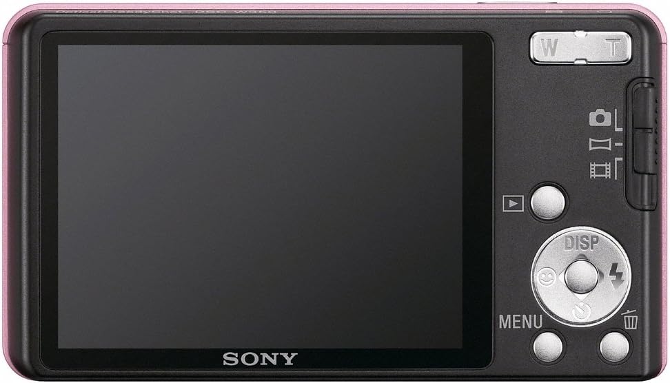 Back view of the Sony DSC-W350 Digital Camera in pink, showing the LCD screen and control buttons.