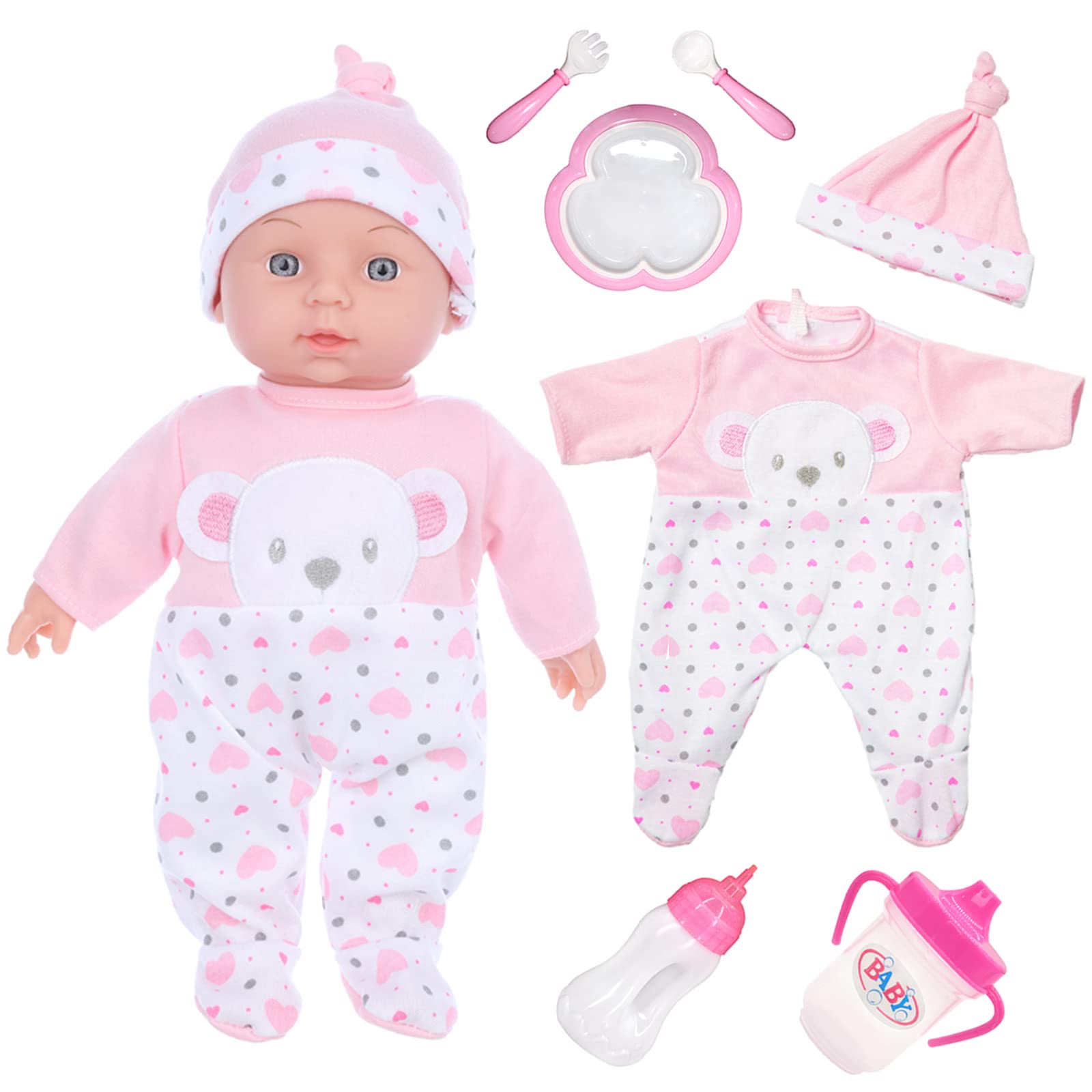 OTMOON 12 Inch Soft Baby Doll with Clothes and Accessories, Alive Vinyl Newborn Reborn Baby Doll with Cotton Body, Including Bottles, Cup and Plate Feeding Sets