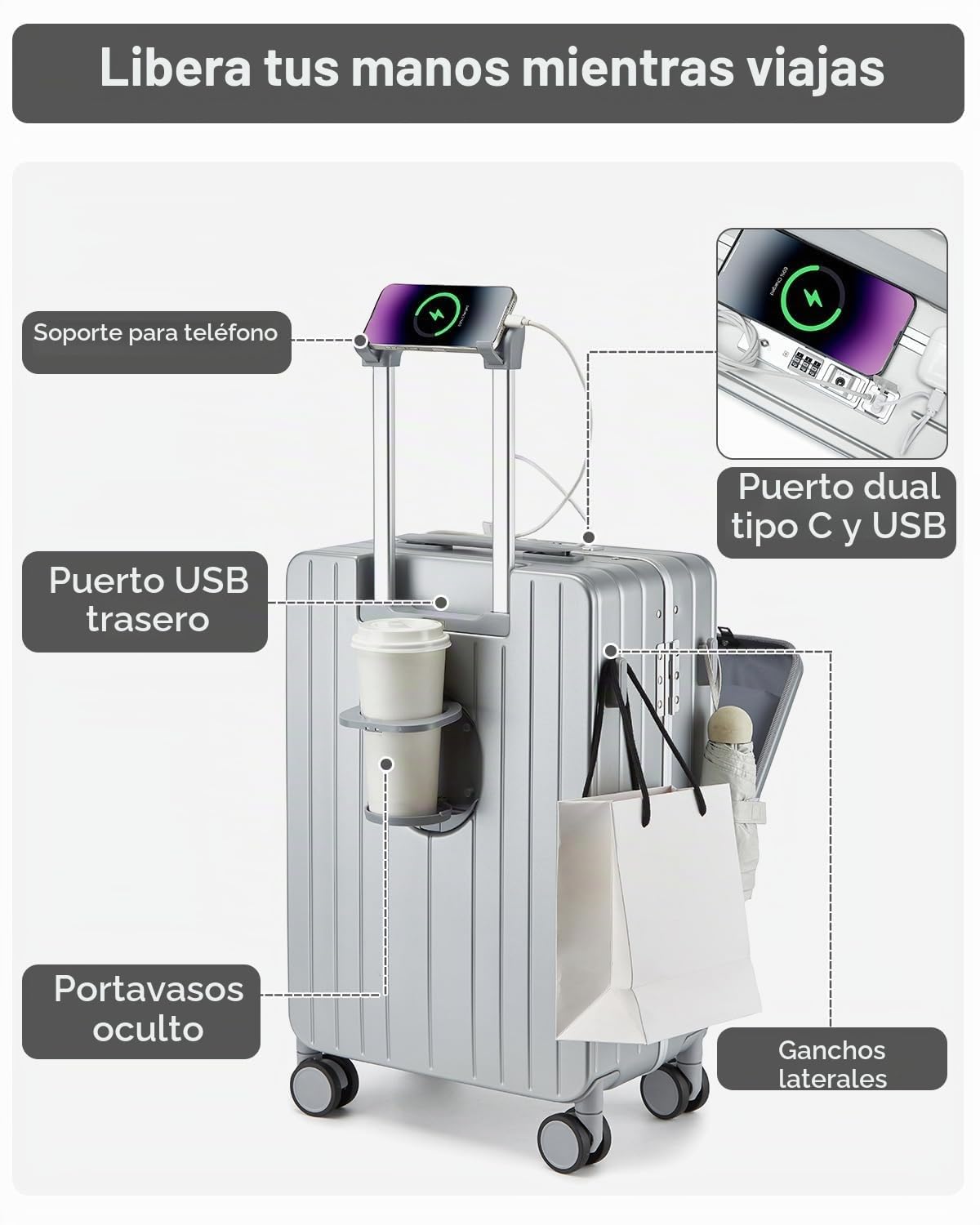Sea choice Maleta de Mano de 20 Pulgadas con Compartimento Frontal para Portátil Marco de Aluminio Puerto USB Cerradura TSA Ruedas Giratorias 360° y Portavasos