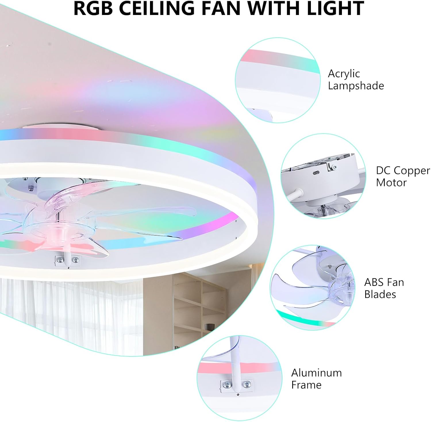 19.7" Ceiling Fans with Lights, Smart RGB Color Changing Low Profile Ceiling Fan, Modern Flush Mount Fandelier with Remote and APP, 6 Speeds, Quiet DC Motor, for Living Room, Bedroom, Indoor