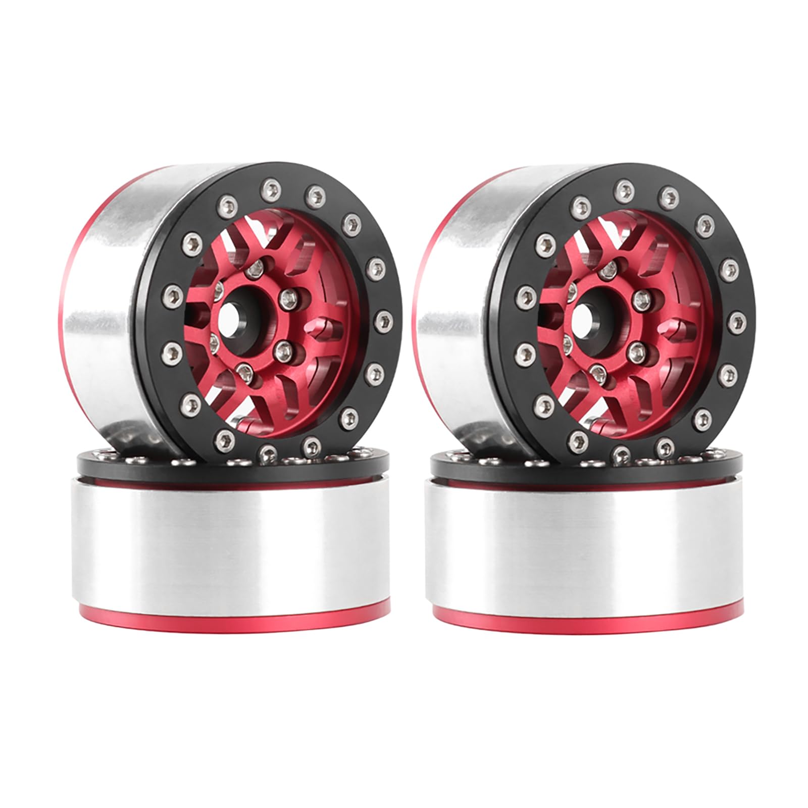 KINGCOO 4PCS 1.55 Inch Aluminum Alloy Metal Beadlock Wheel Rim Hubs Replacement for 1/10 1/12 RC Crawler Car Upgrade Parts for Axial SCX10 MN D90 TF2 CC01 UTB18 Tamiya 1.55" Tires (A-Red)