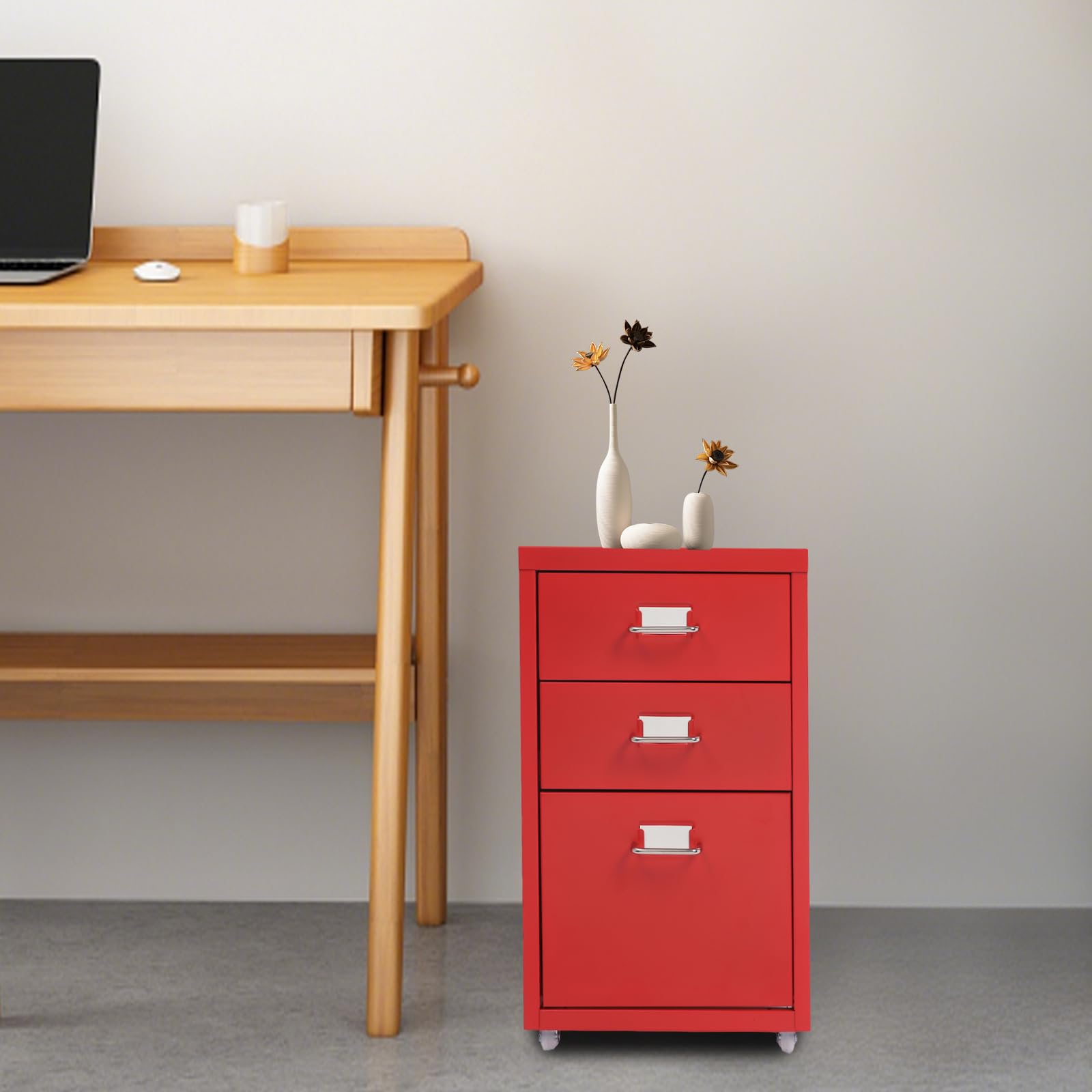 Aktenschrank mit 3 Schubladen Violetter Metall-Aufbewahrungsschrank 41x28x48 cm mit Rollen & Etikettenschlitz & U-förmigen Griffen Moderner mobiler Schrank für Zuhause & Büro (rot)