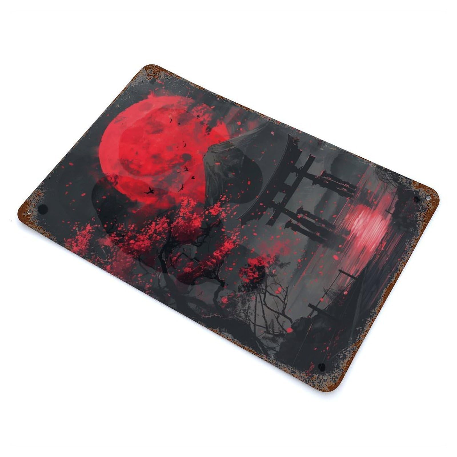 Rust Effect Red Moon Torii Gate Fuji Rusty Metal Tin Sign 11.8"x7.9", Old School Wall Decor for Basement, Hobby Room And Garage Decor